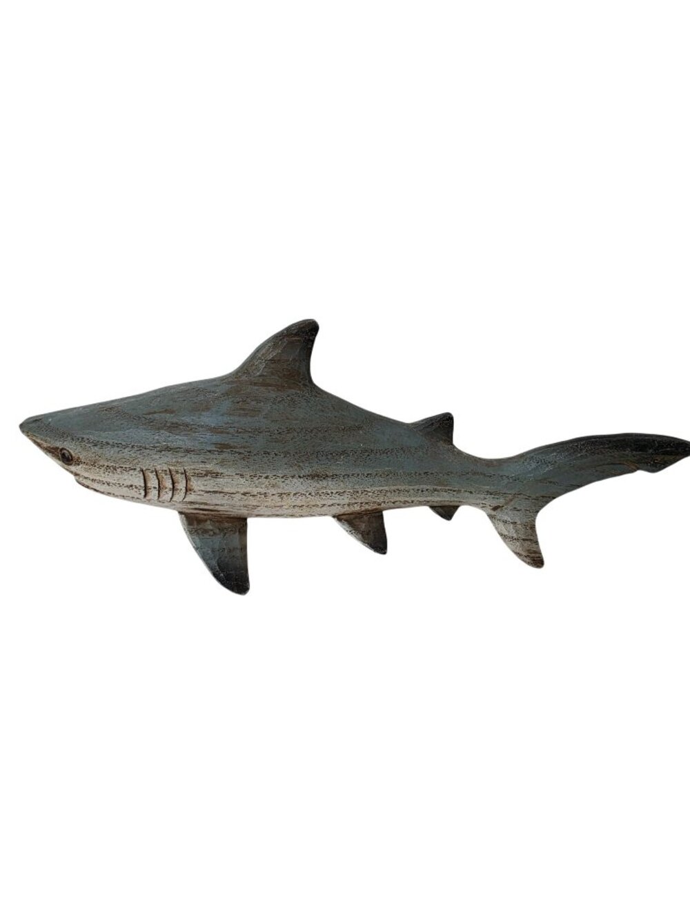 Wooden Shark Figurine Coastal Nautical Decor 8” Distressed Blue White
